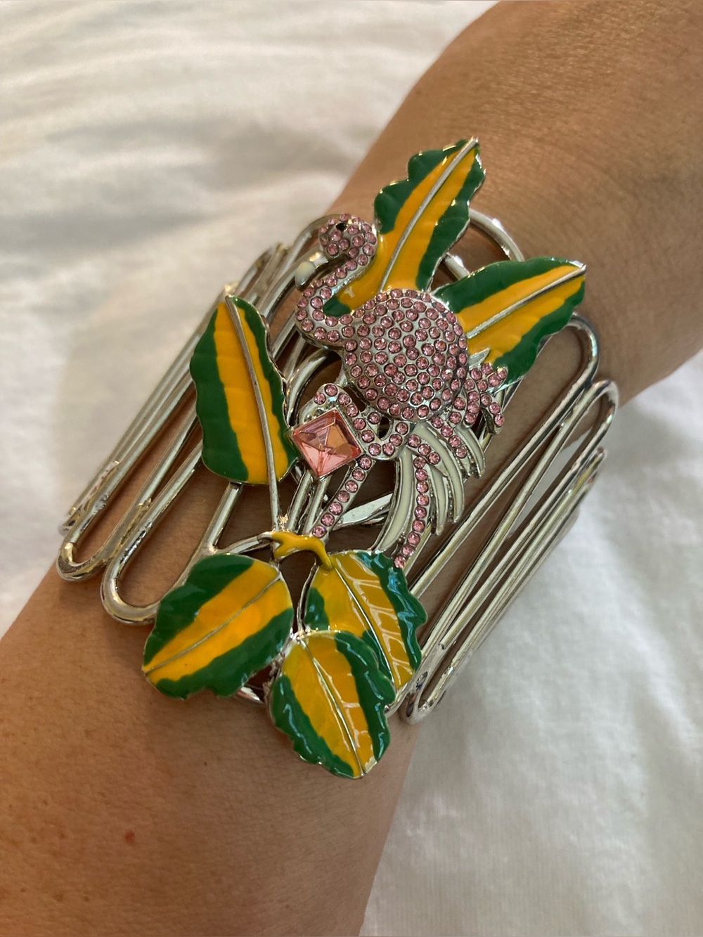 Pink Flamingo with Enameled Leaves Statement Cuff Bracelet